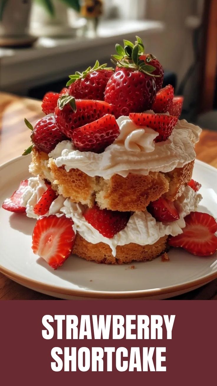 A freshly prepared strawberry shortcake with cream and berries.