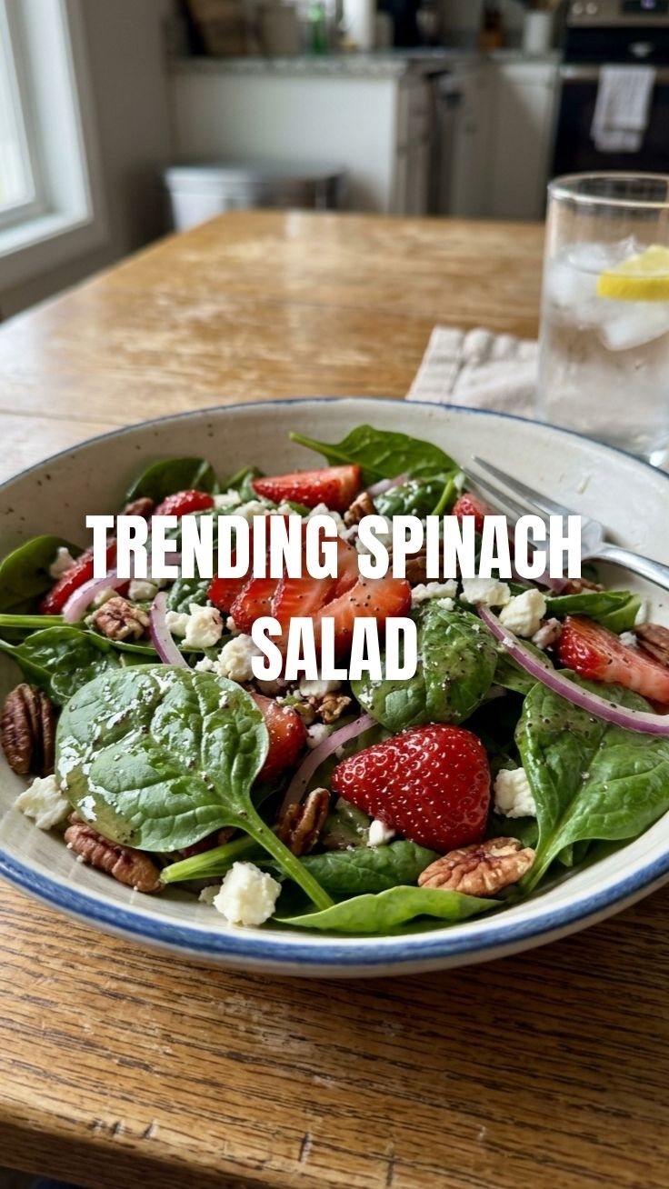 A refreshing strawberry spinach salad with vinaigrette dressing