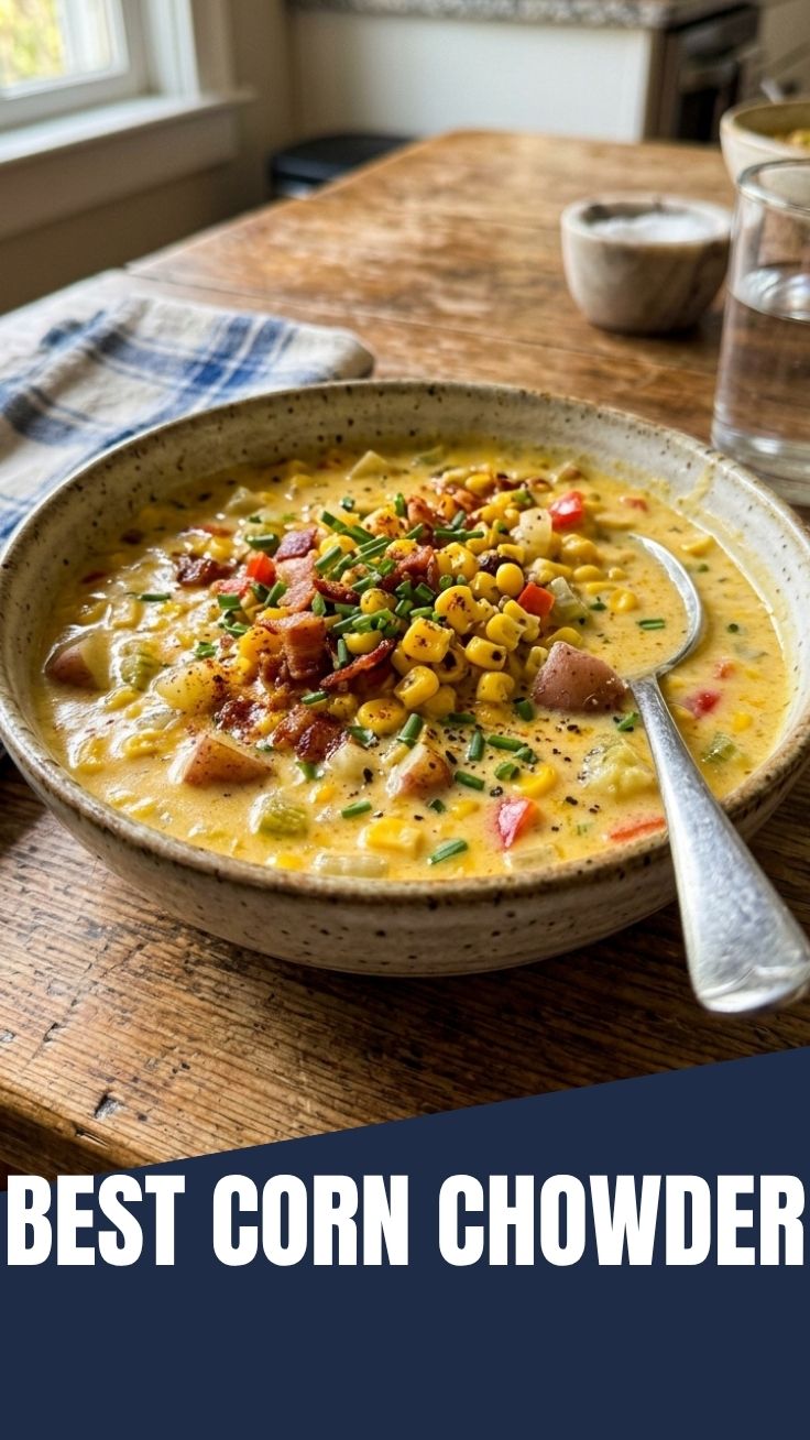 A bowl of fresh summer corn chowder with vibrant ingredients.