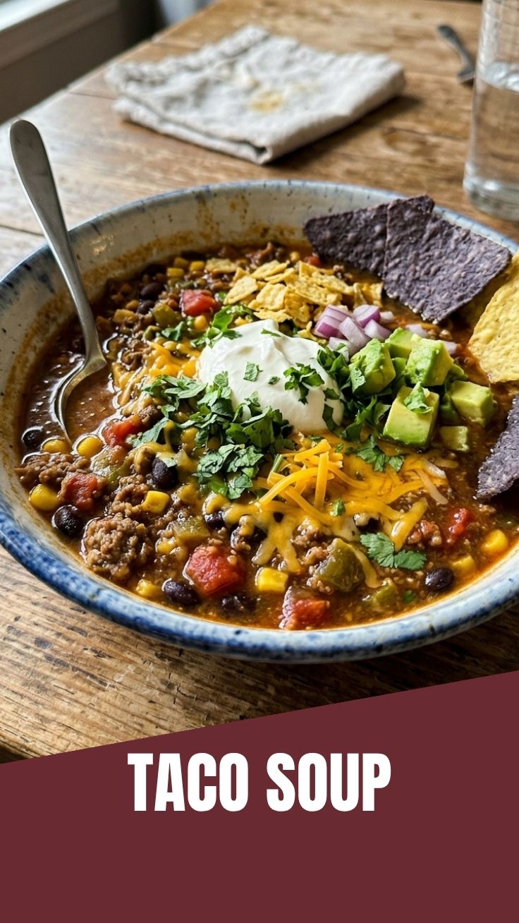 A steaming bowl of hearty taco soup garnished with fresh cilantro and cheese