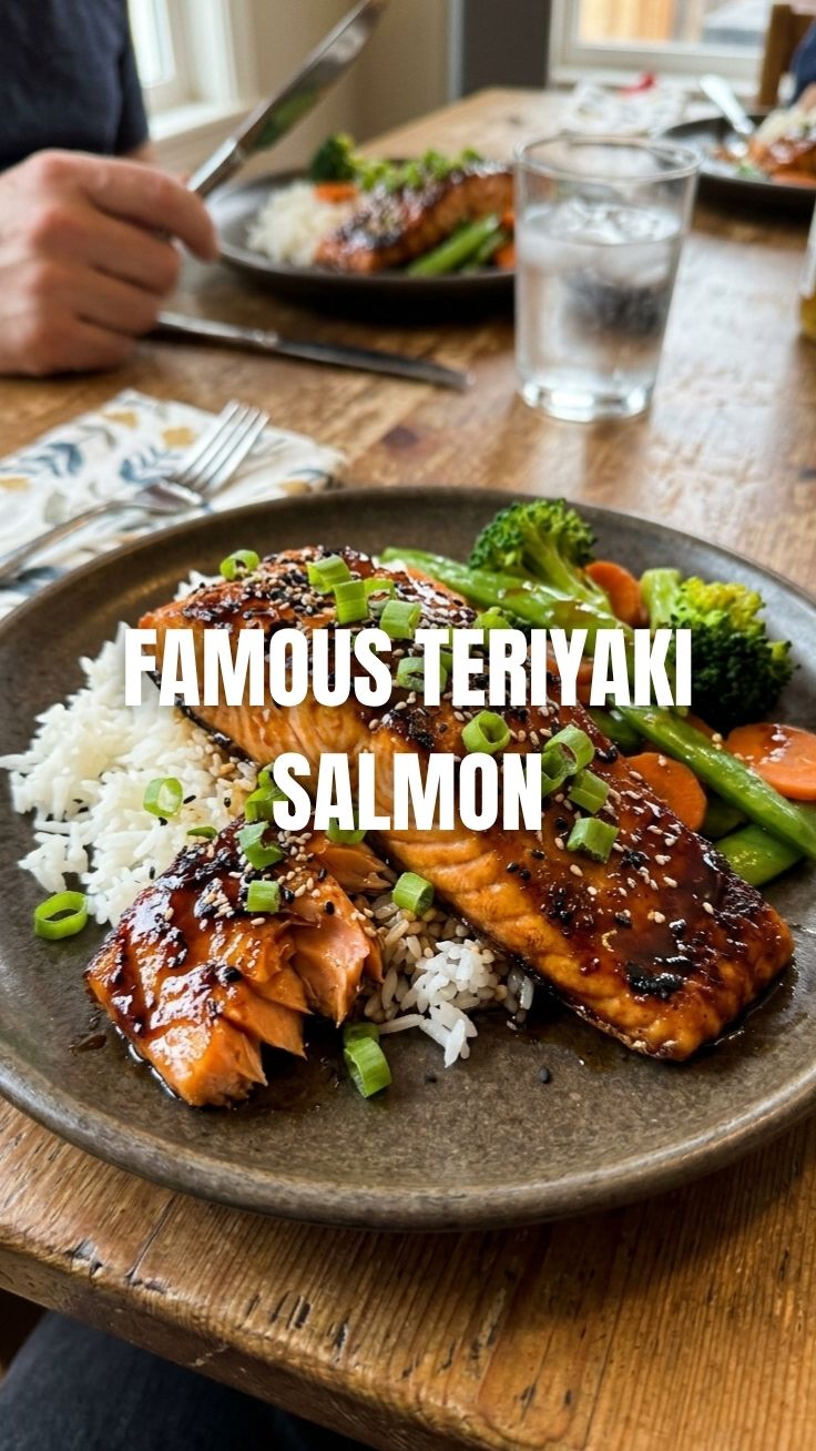 A perfectly cooked teriyaki salmon fillet with a glossy glaze