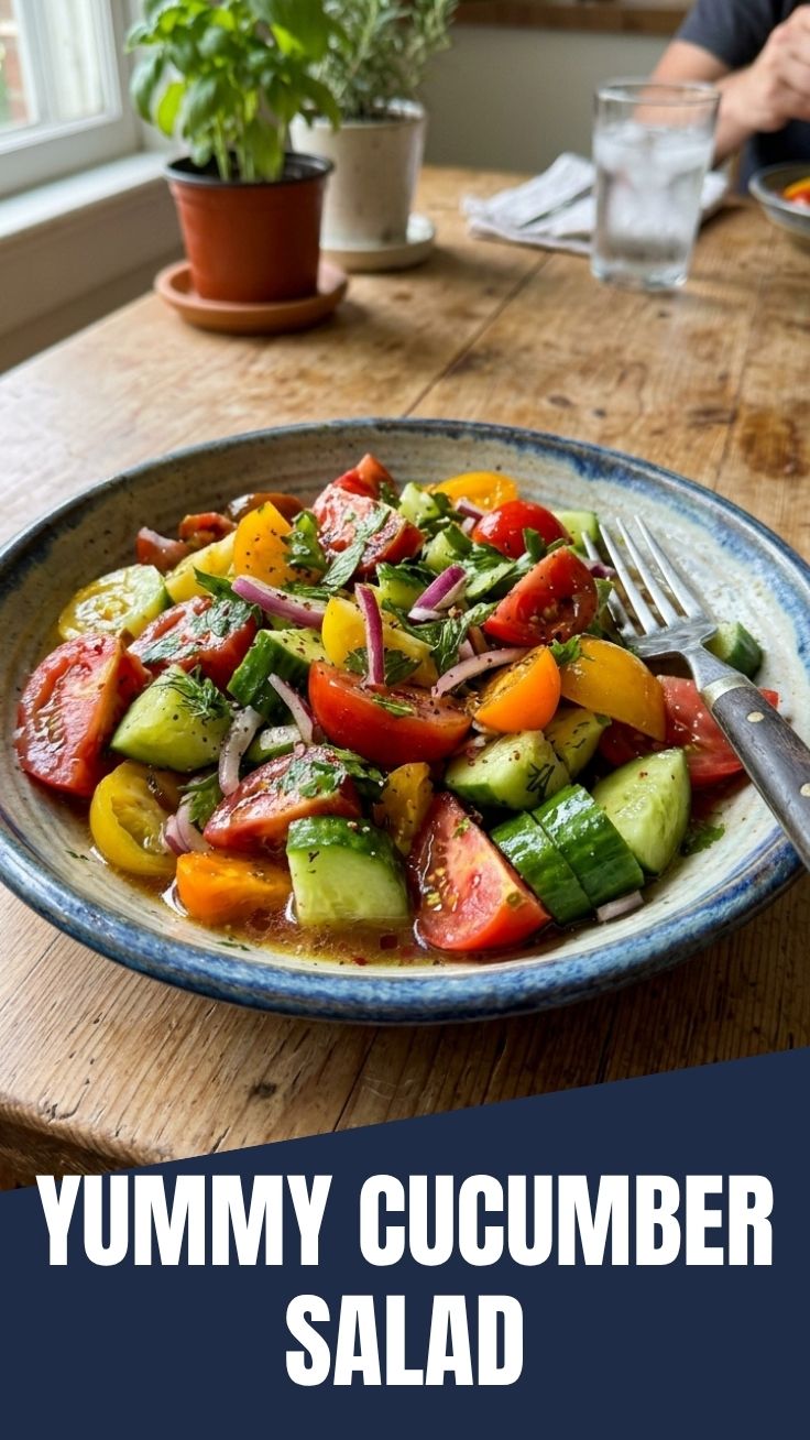 Bright red tomatoes and crisp green cucumbers in a summer salad bowl