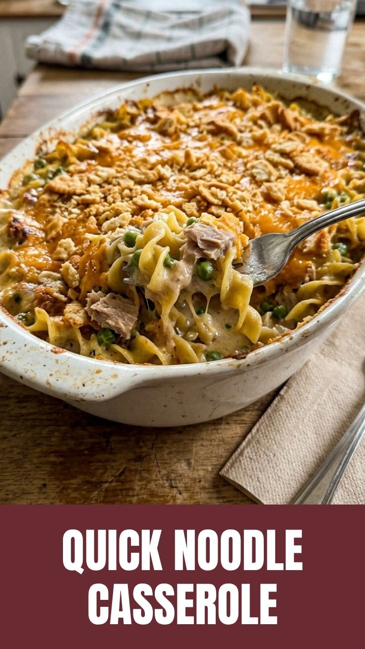 A hot tuna noodle casserole with a golden, bubbly topping in a baking dish.