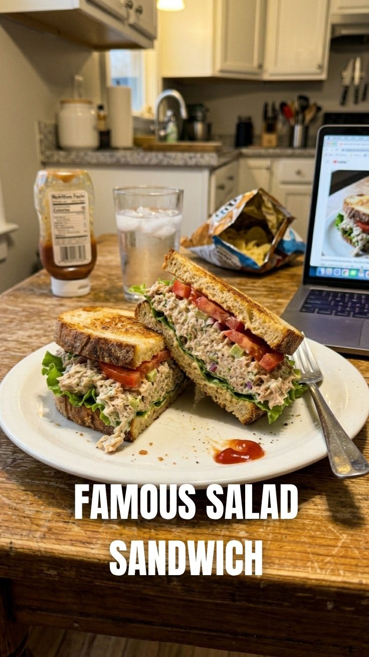 A freshly made tuna salad sandwich on whole wheat bread
