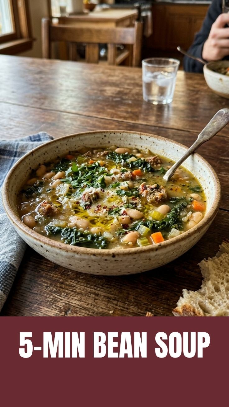 A bowl of simple Tuscan white bean soup, garnished with fresh herbs.