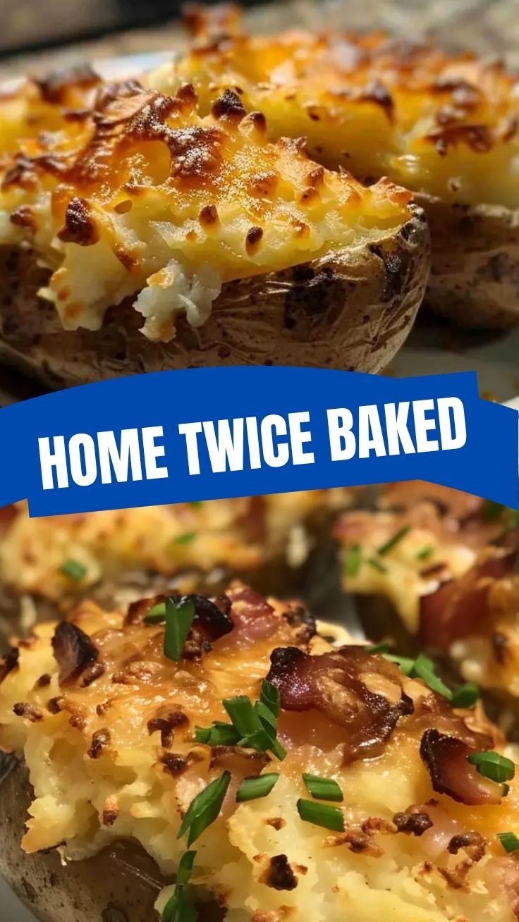 A perfectly golden-brown twice baked potato, topped with cheese and chives.