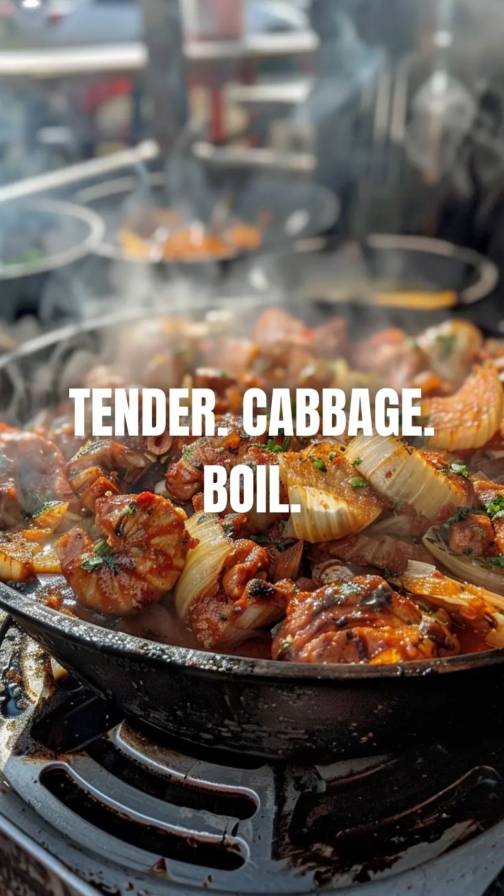 An overhead shot of a vibrant, steaming viral cabbage boil in a large pot.