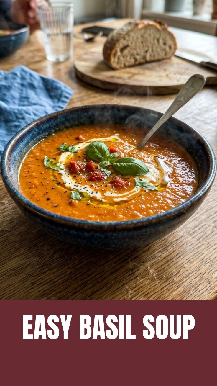 A bowl of warm, creamy tomato basil soup garnished with fresh basil leaves