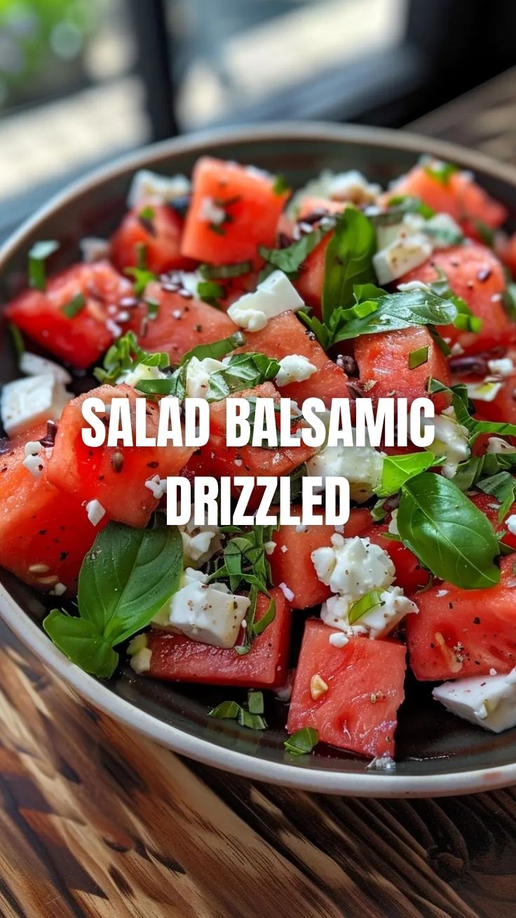 A vibrant watermelon feta salad with fresh mint and balsamic glaze.