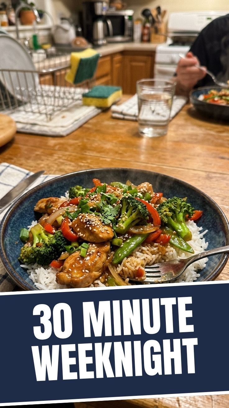 A colorful, healthy meal signifying 30-minute weeknight dinners