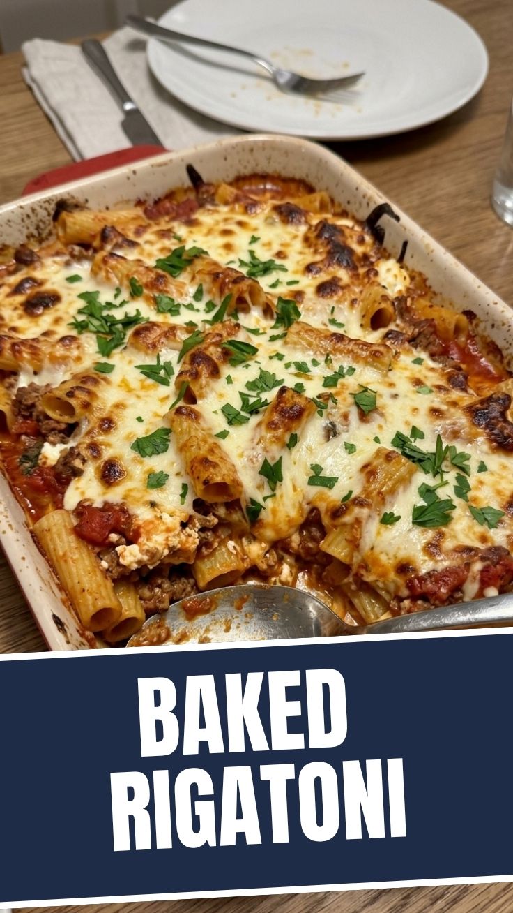 A bubbling dish of baked rigatoni with melted cheese and rich sauce