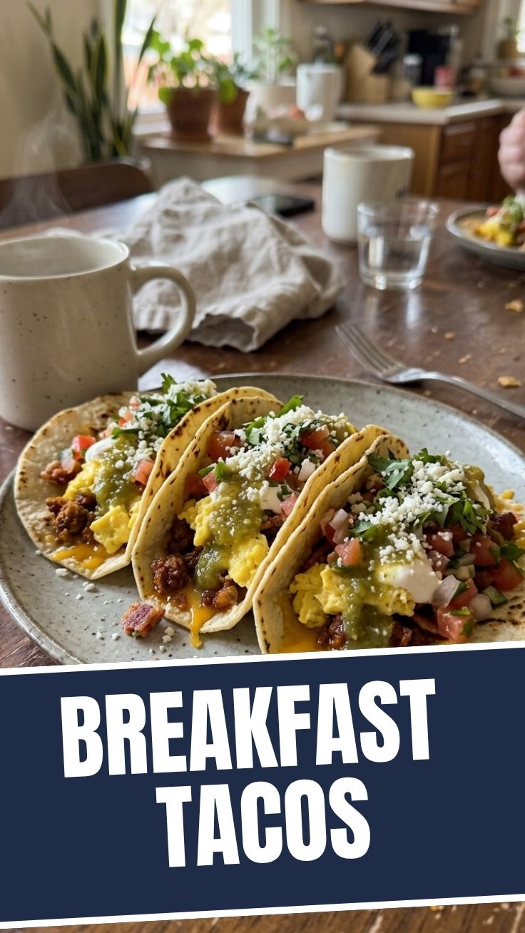 Three breakfast tacos filled with eggs, cheese, and salsa on a white plate.