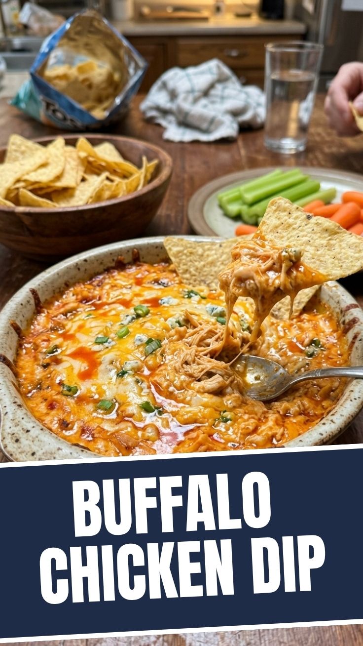 A creamy buffalo chicken dip in a ceramic bowl with tortilla chips.