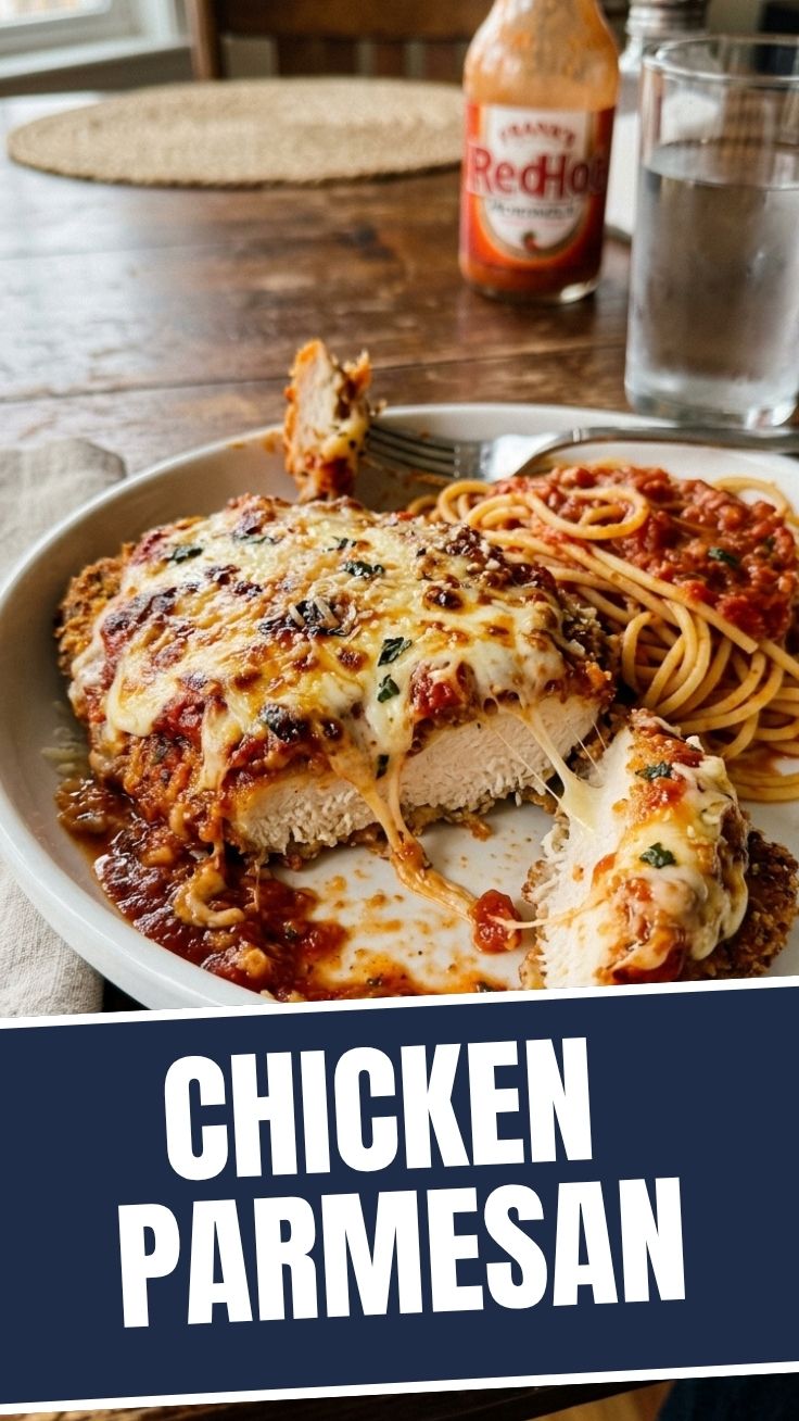 A serving of chicken parmesan topped with melted cheese and marinara sauce.