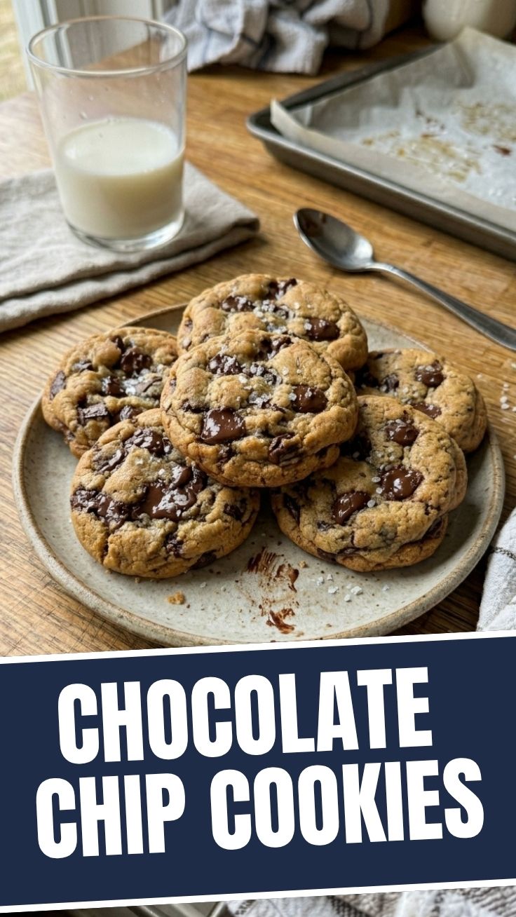 Freshly baked chocolate chip cookies on a cooling rack, slightly warm.