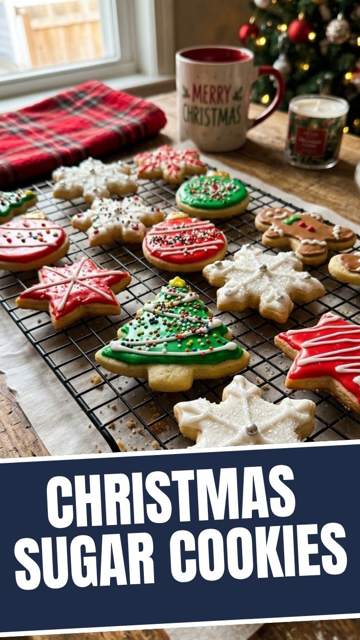 A pile of decorated Christmas sugar cookies on a festive platter.
