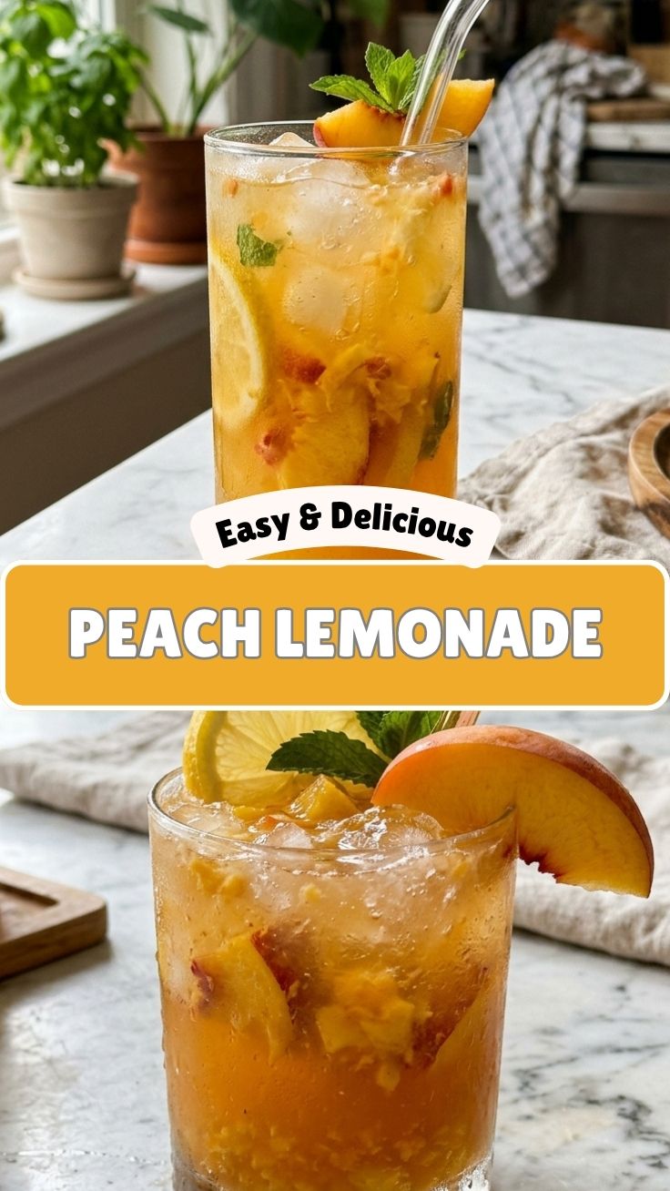 A refreshing glass of peach lemonade with ice and peach slices