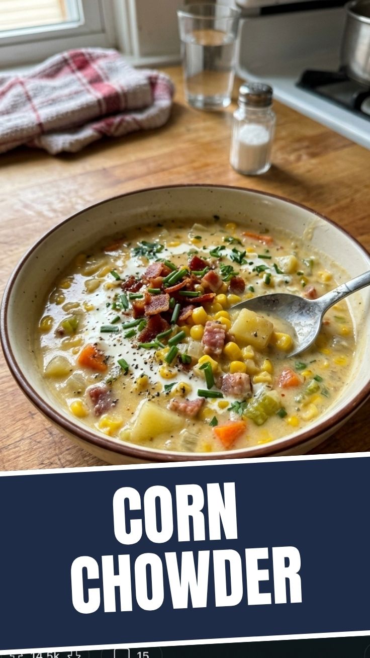 A warm bowl of corn chowder with fresh herbs
