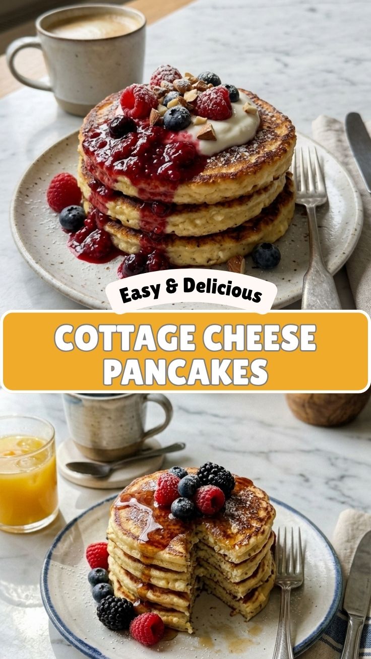 A stack of fluffy cottage cheese pancakes on a white plate with berries