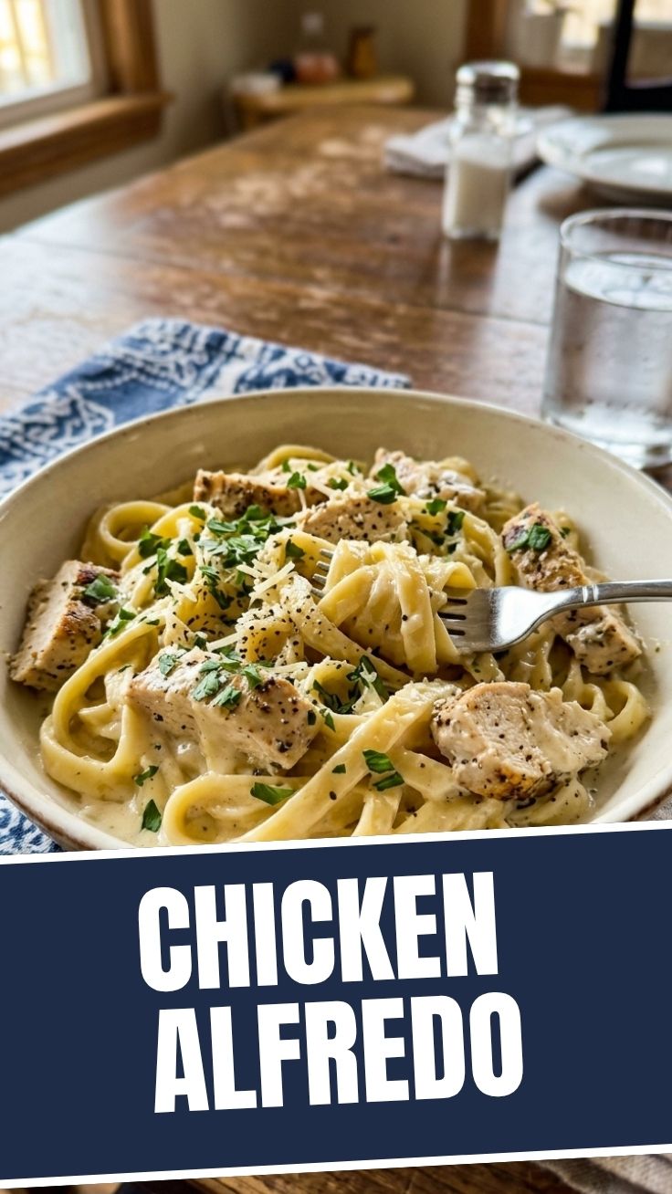 A white bowl filled with creamy chicken alfredo pasta, garnished with fresh parsley.