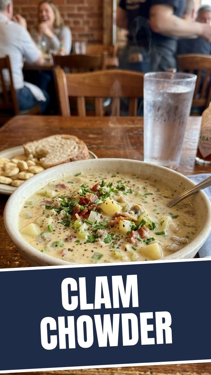 A warm bowl of creamy clam chowder.
