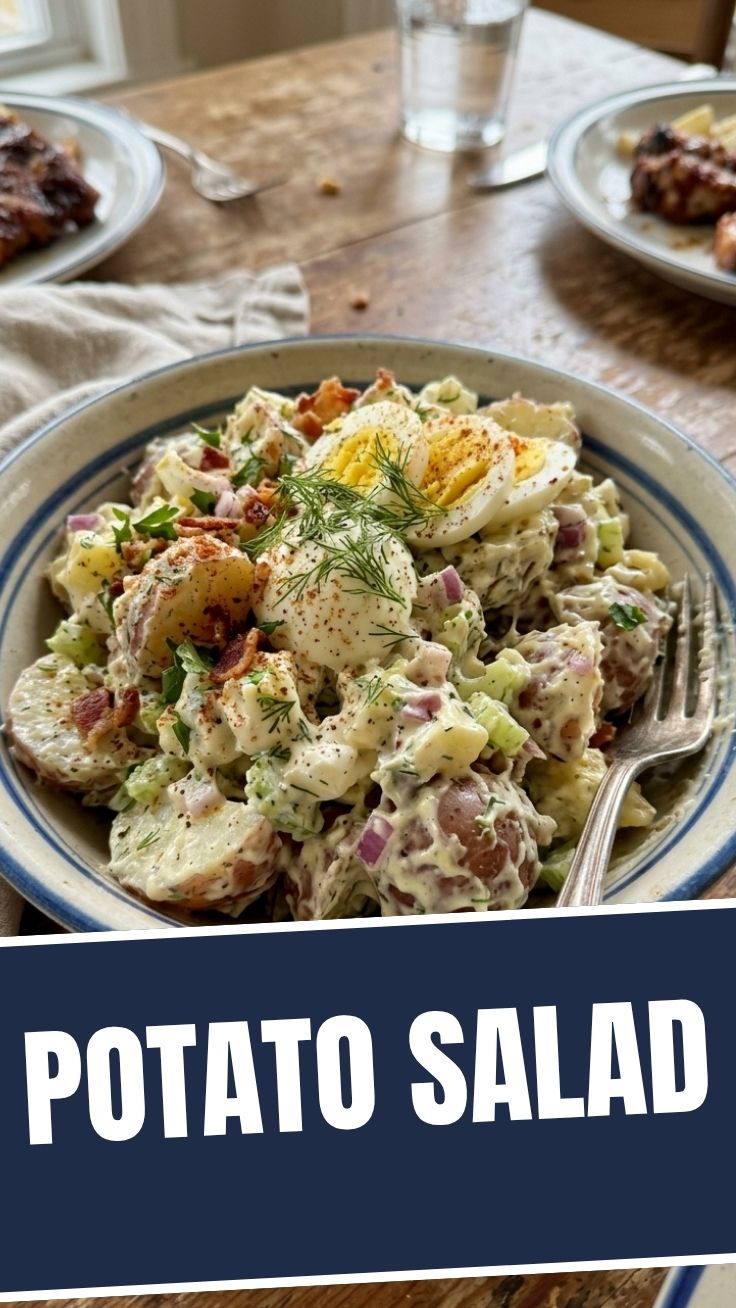 A bowl of creamy potato salad garnished with fresh herbs