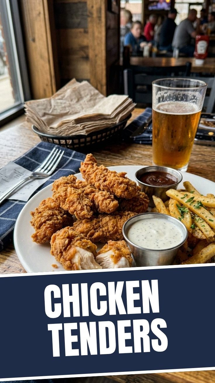 Golden brown crispy chicken tenders expertly fried and stacked.