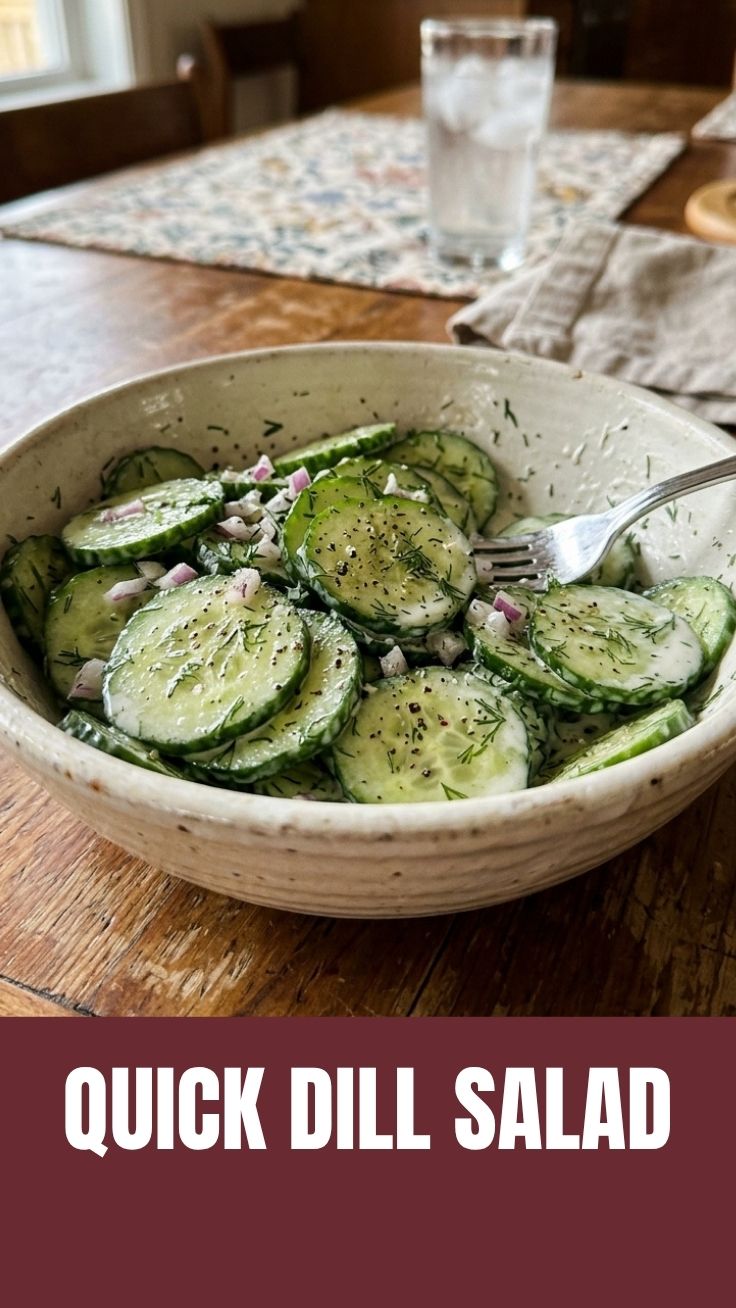 A fresh bowl of cucumber dill salad with visible herbs