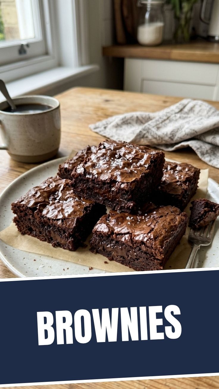 A close-up shot of rich, dark chocolate brownies with a slightly cracked top.