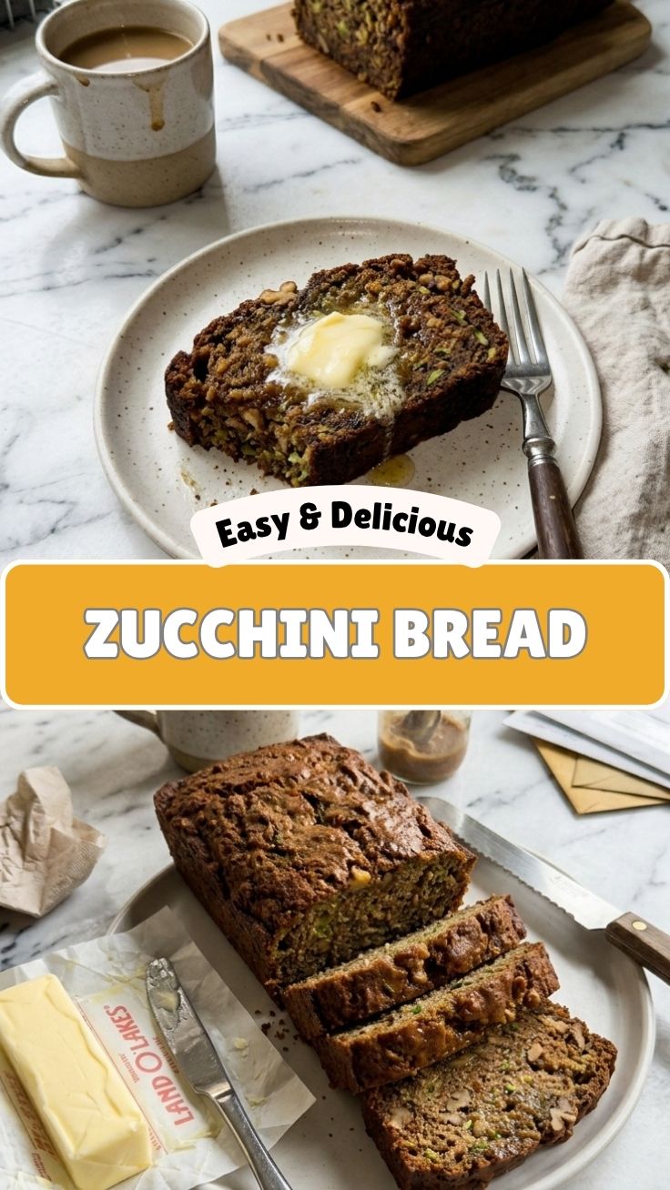 A freshly baked loaf of zucchini bread on a cooling rack