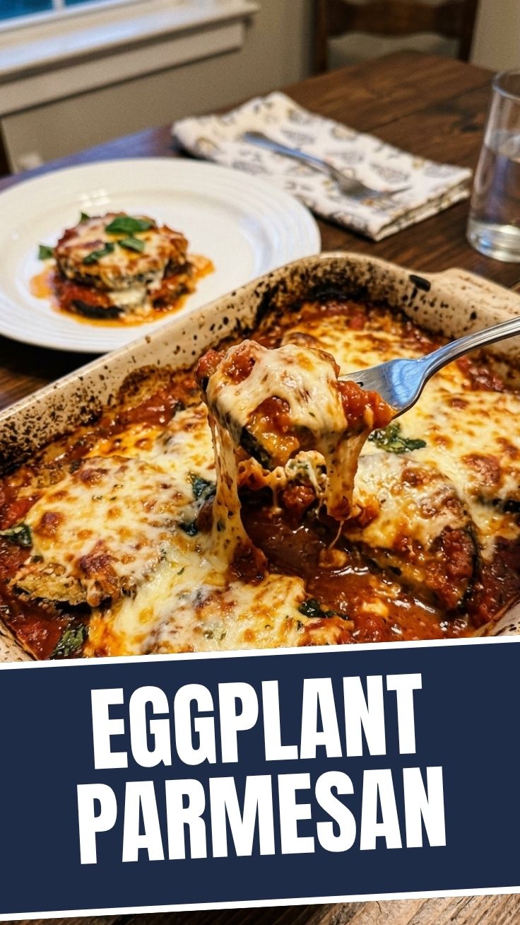 A freshly baked casserole of eggplant parmesan with melted cheese and rich tomato sauce.