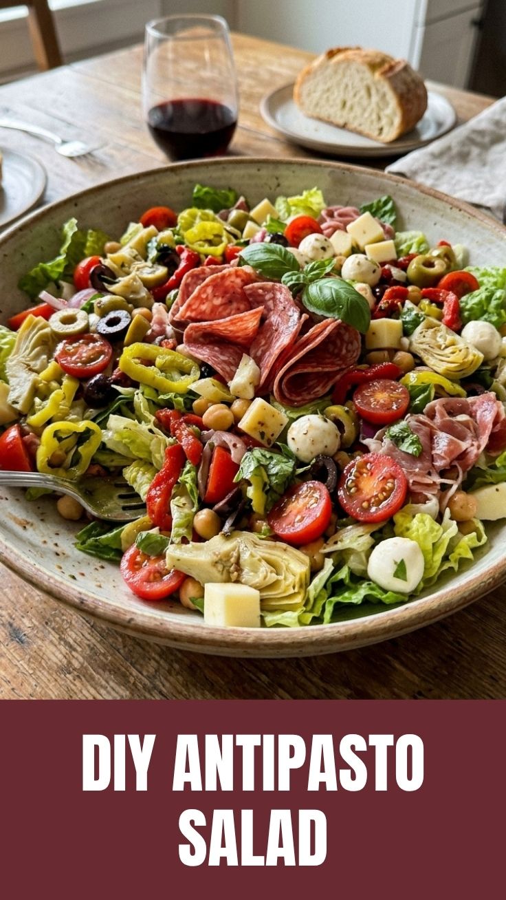 A colorful antipasto salad with fresh vegetables, meats, and cheeses