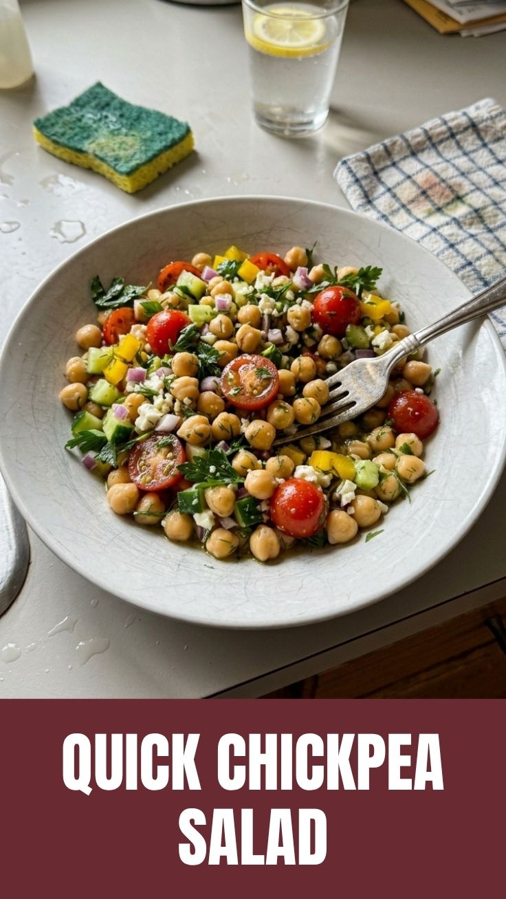 A vibrant bowl of chickpea salad, expertly mixed for a fresh taste.