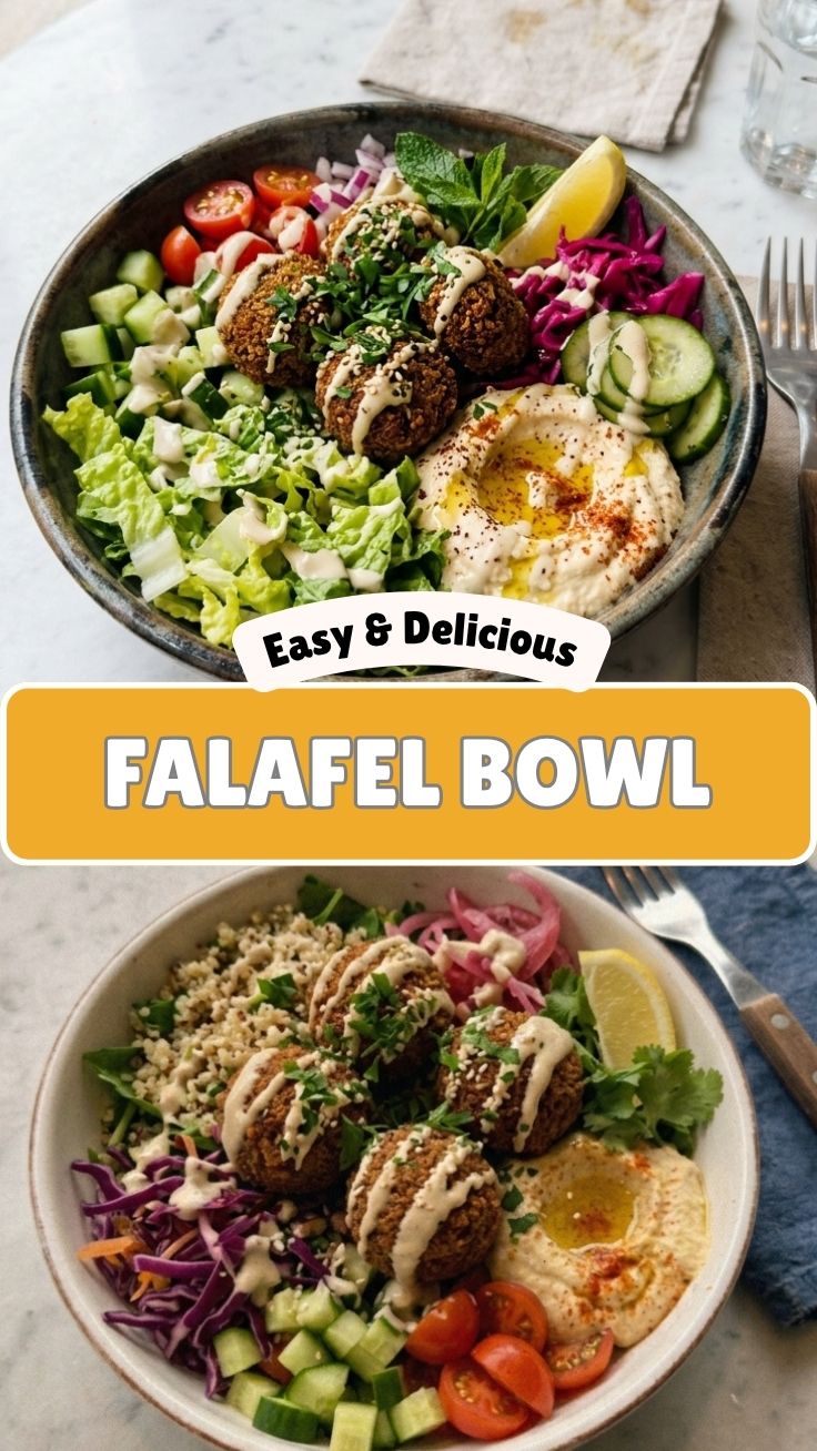 A vibrant falafel bowl filled with fresh ingredients.