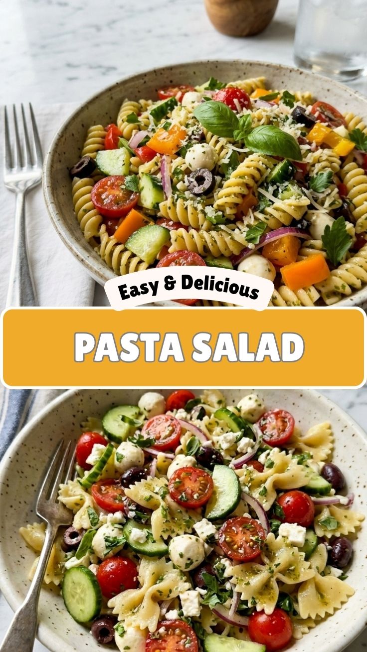 A vibrant bowl of fresh pasta salad with colorful vegetables