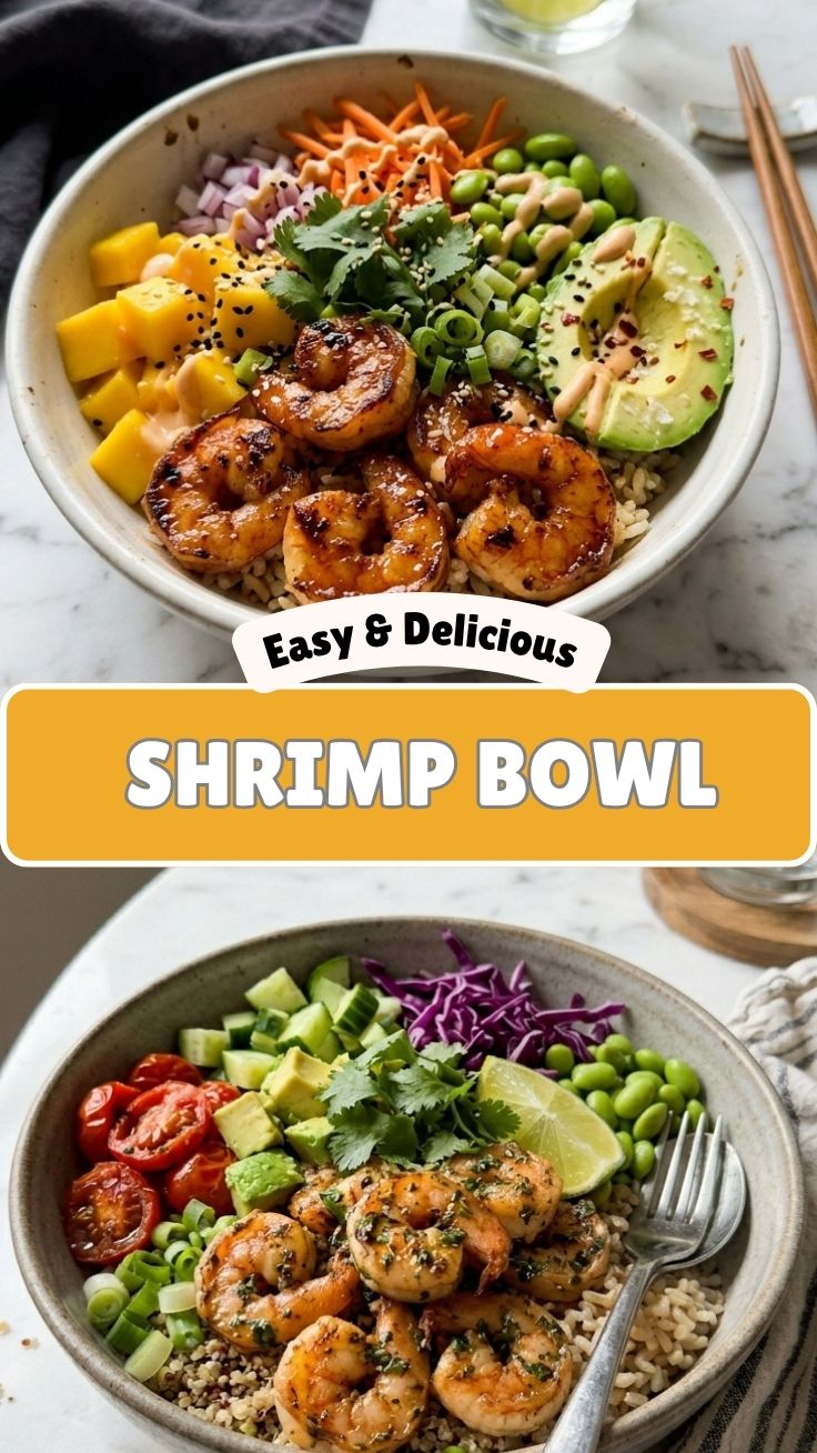 A freshly prepared shrimp bowl with various vegetables and ingredients