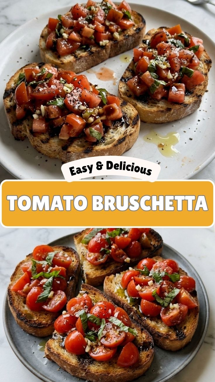 Freshly prepared tomato bruschetta with basil and olive oil.