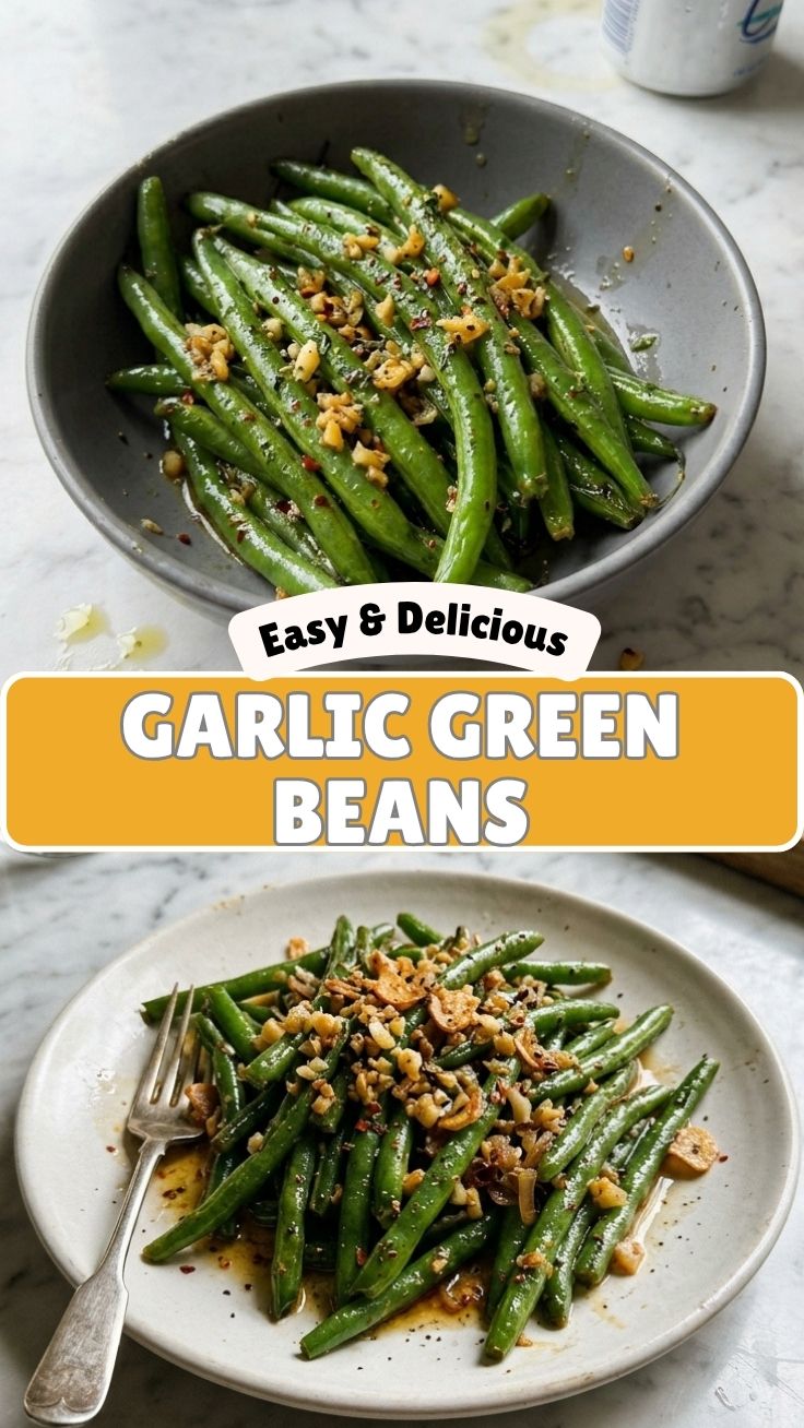 Close-up of vibrant green beans tossed with minced garlic and herbs