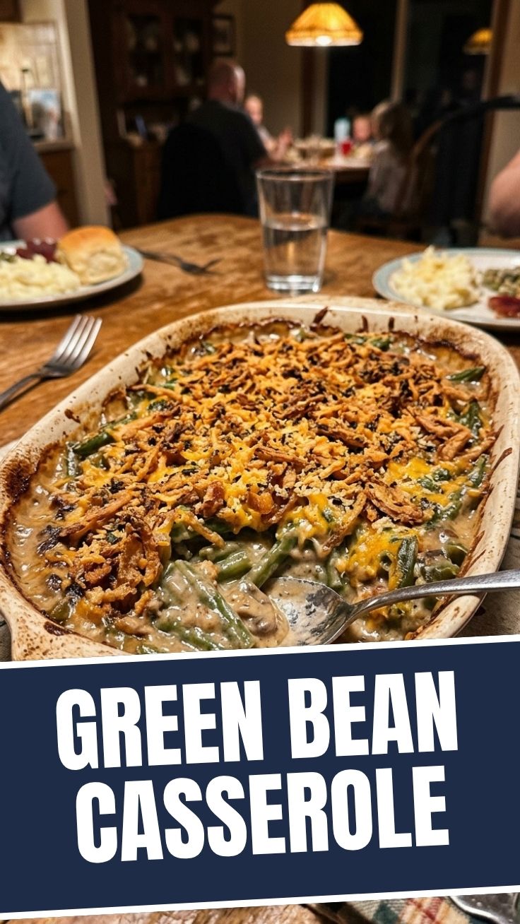 A classic green bean casserole, golden brown and bubbly, in a white baking dish.