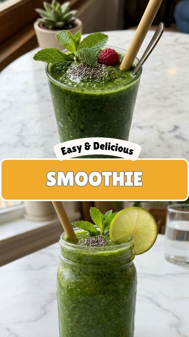 A refreshing green detox smoothie in a clear glass with ingredients