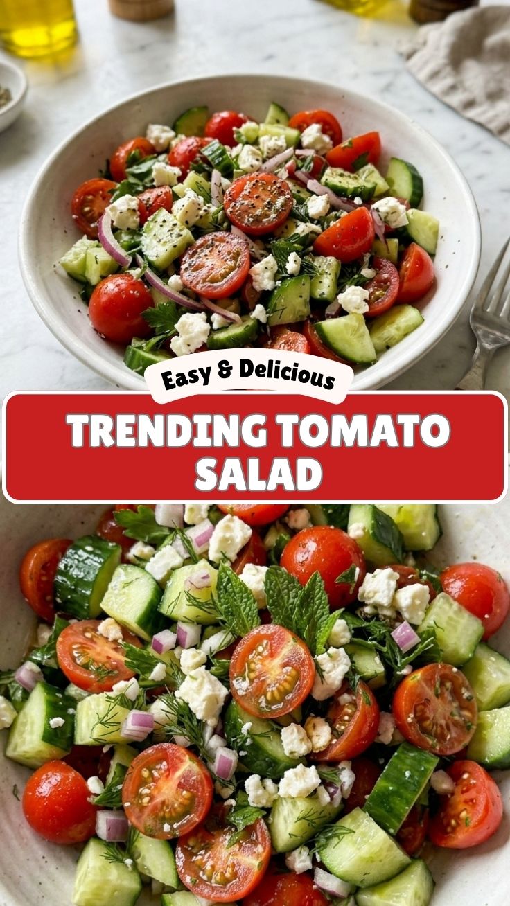 A fresh healthy cucumber tomato salad in a glass bowl, ready to serve.