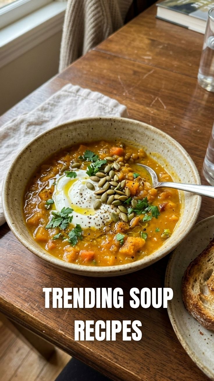 A steaming bowl of healthy fall soup, garnished with fresh herbs