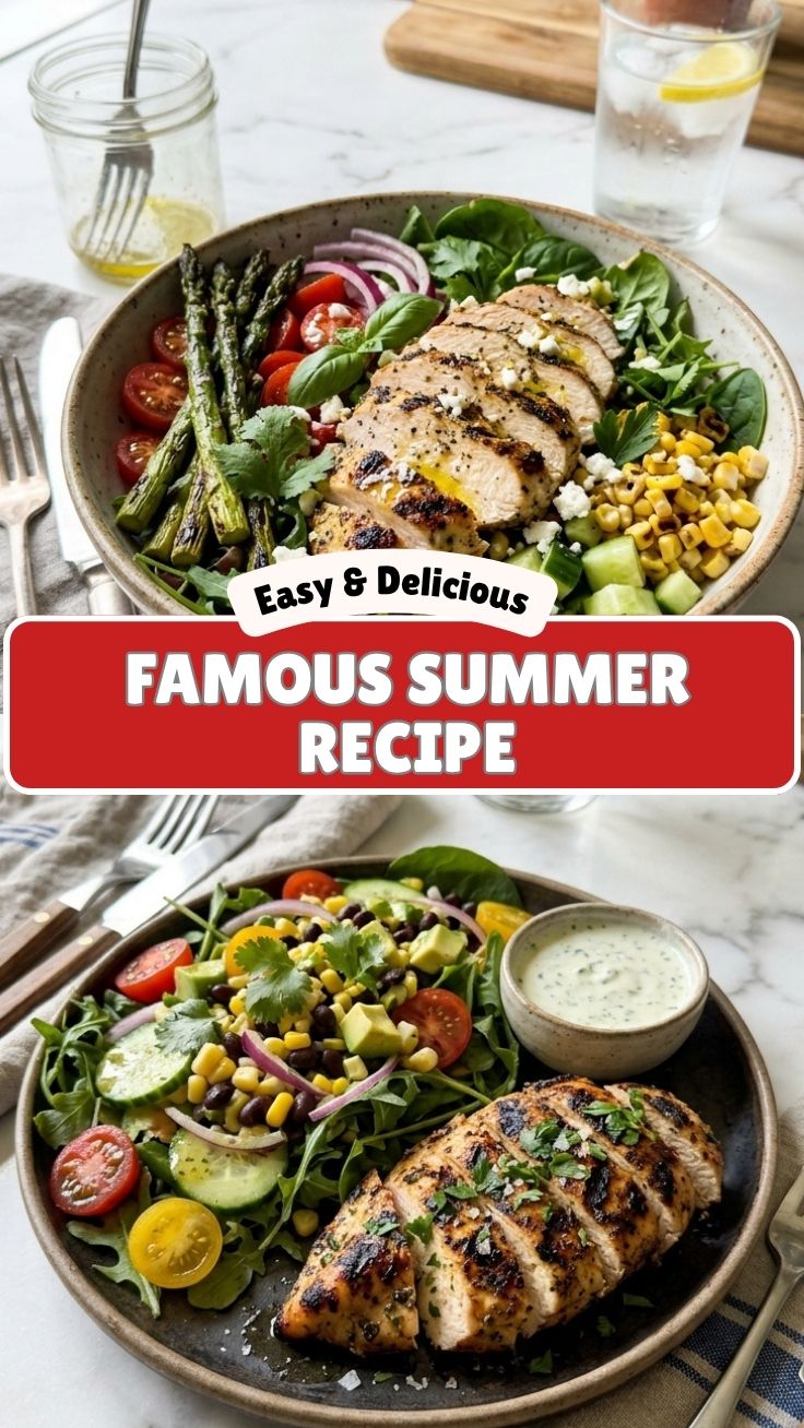 A healthy grilled chicken summer recipe with fresh herbs and vegetables.