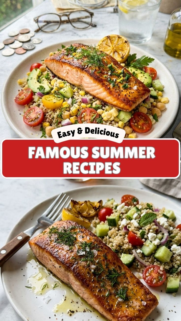 A plate of grilled healthy salmon with fresh summer vegetables and herbs