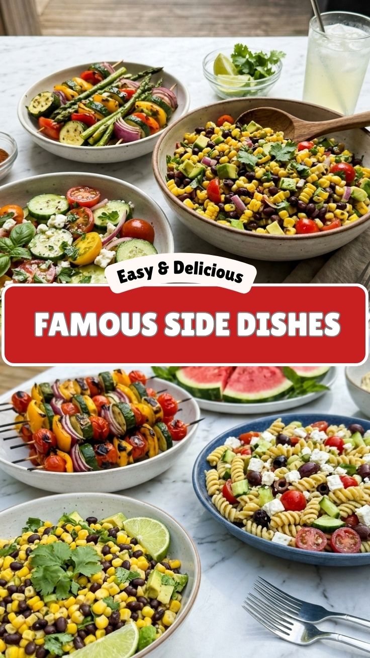A colorful array of healthy summer BBQ side dishes prepared for a outdoor meal.