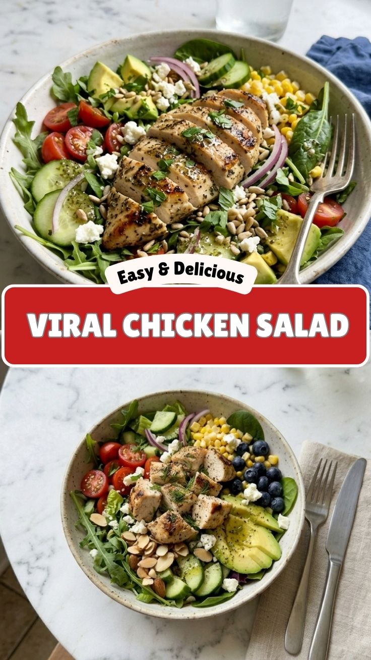 A refreshing healthy summer chicken salad in a bowl, ready to eat