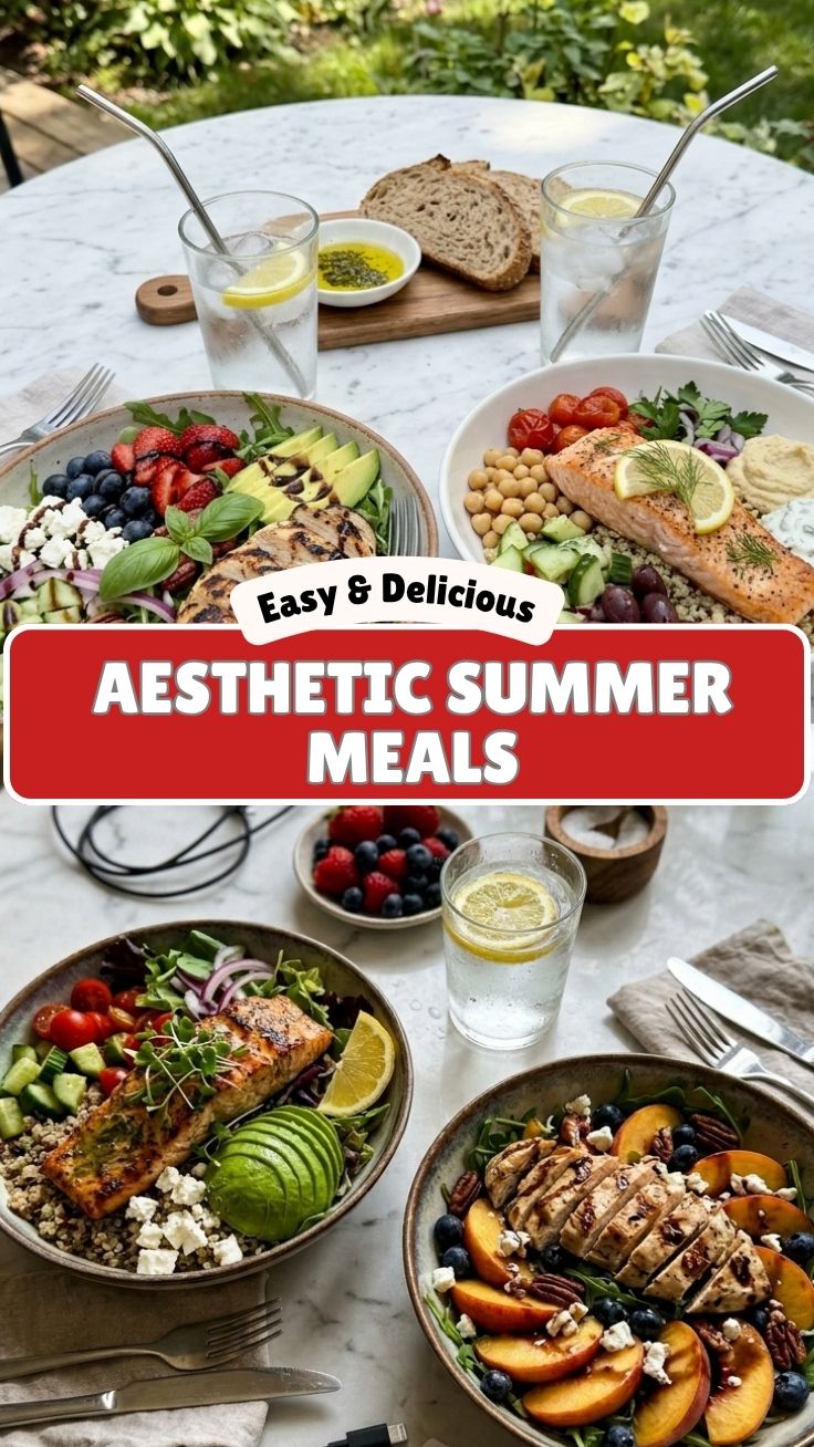 A table set with healthy summer meals for two, featuring fresh produce and light dishes.