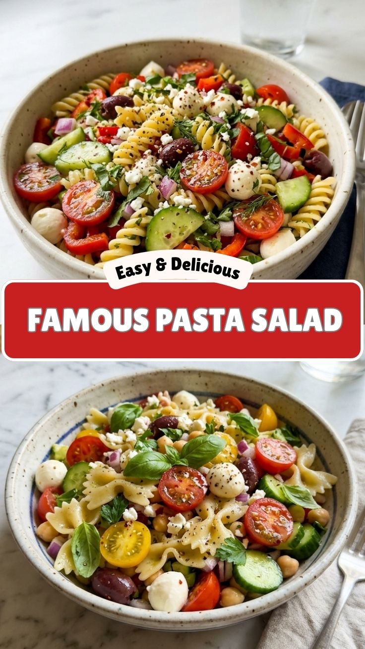 A colorful and vibrant bowl of healthy summer pasta salad with fresh vegetables.