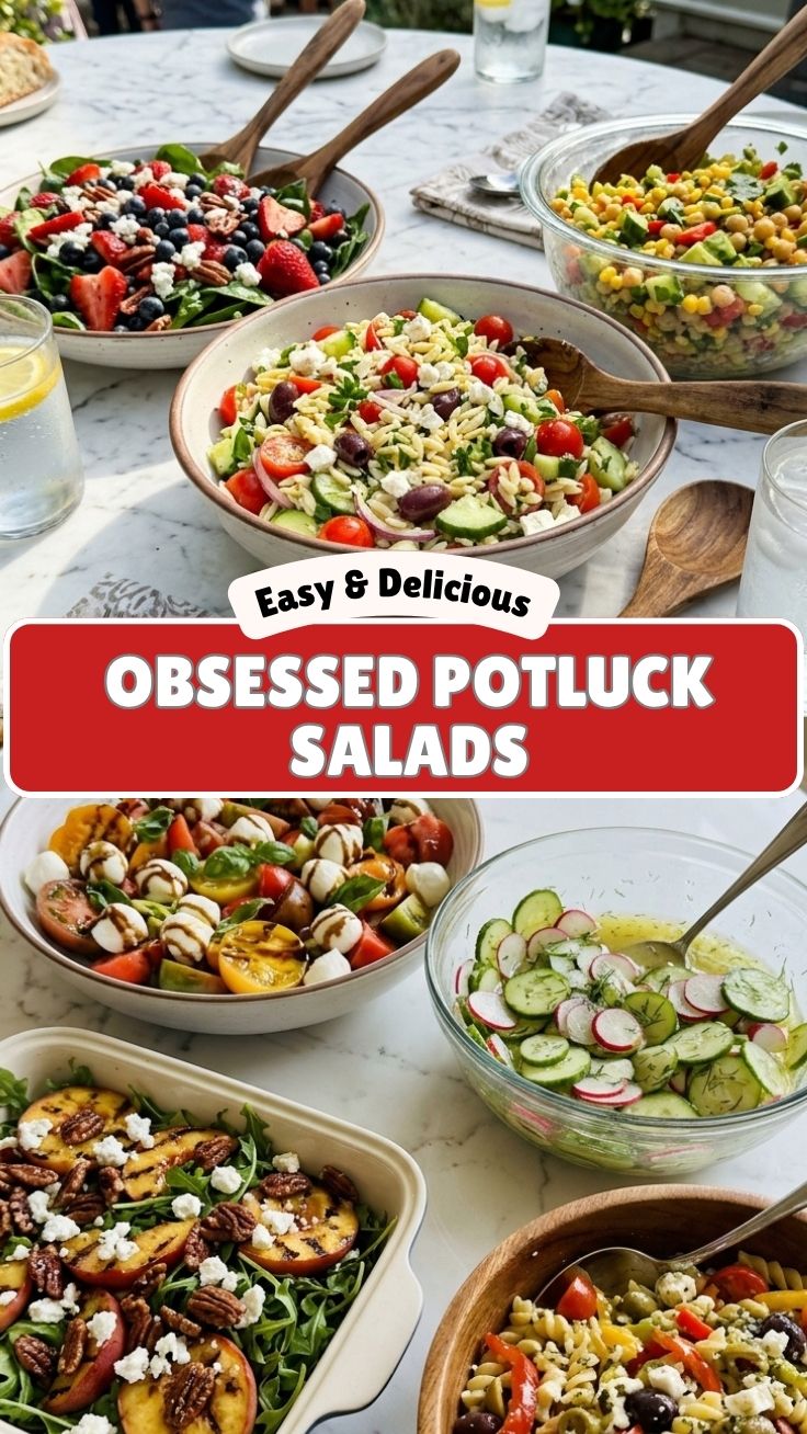 A vibrant selection of healthy summer potluck salads, showcasing fresh ingredients.