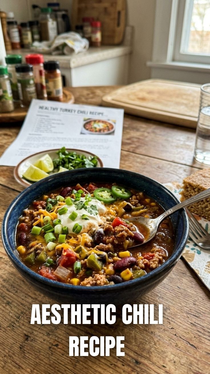 A bowl of healthy turkey chili garnished with fresh cilantro and a dollop of sour cream on a wooden table.